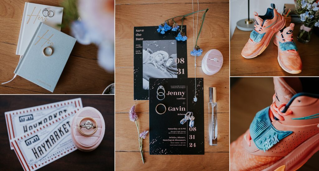 Jenny + Gavin's details gave many nods to Milwaukee. Featuring coupons for the Milwaukee Public Museum Haymarket Candy Shop, and Giannis's Nikes