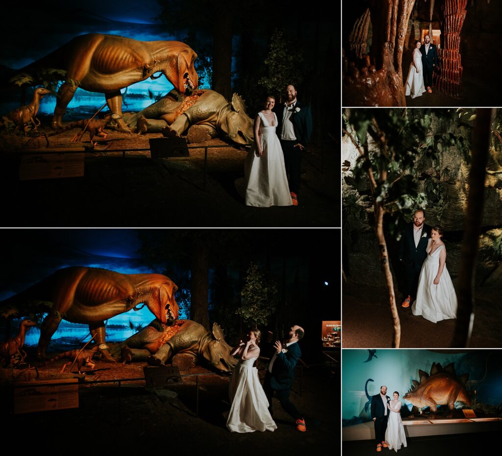 Wedding portraits in the Milwaukee Public Museum - Unique Wedding Venue Milwaukee - Dinosaur wedding portrait