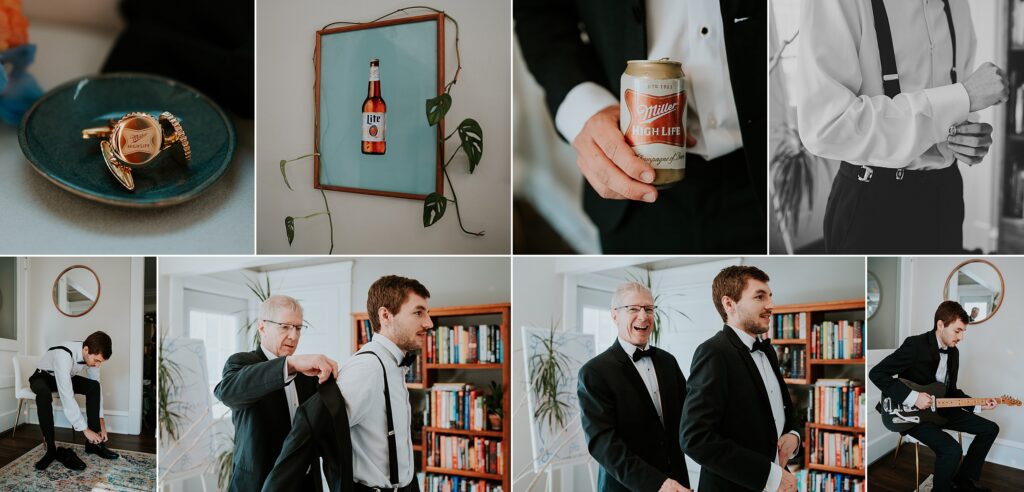 Groom getting ready on his wedding day, with his father, and Miller High Life cufflinks