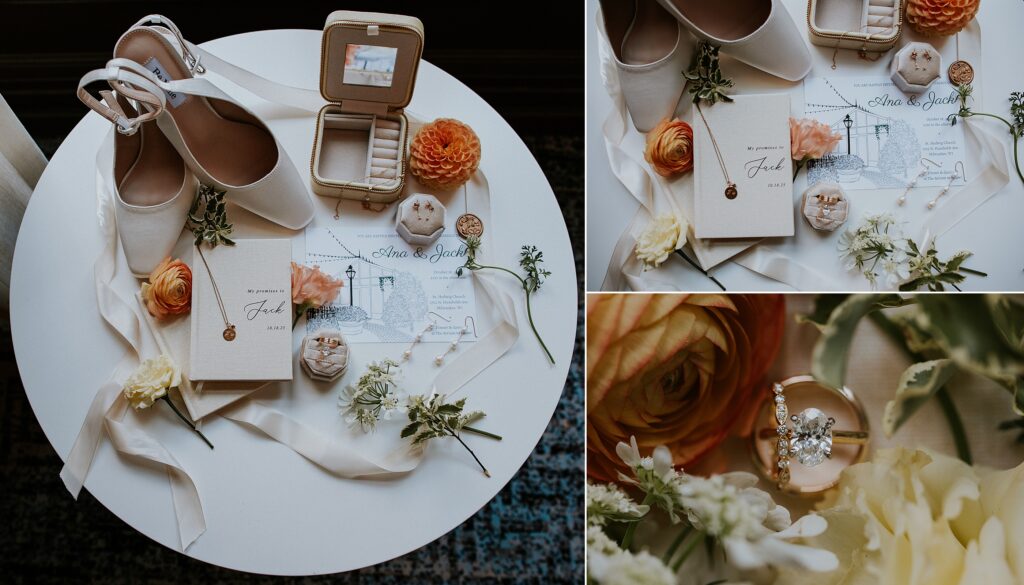 Wedding day details, invite, vow book, flowers, rings, and wedding day jewelry