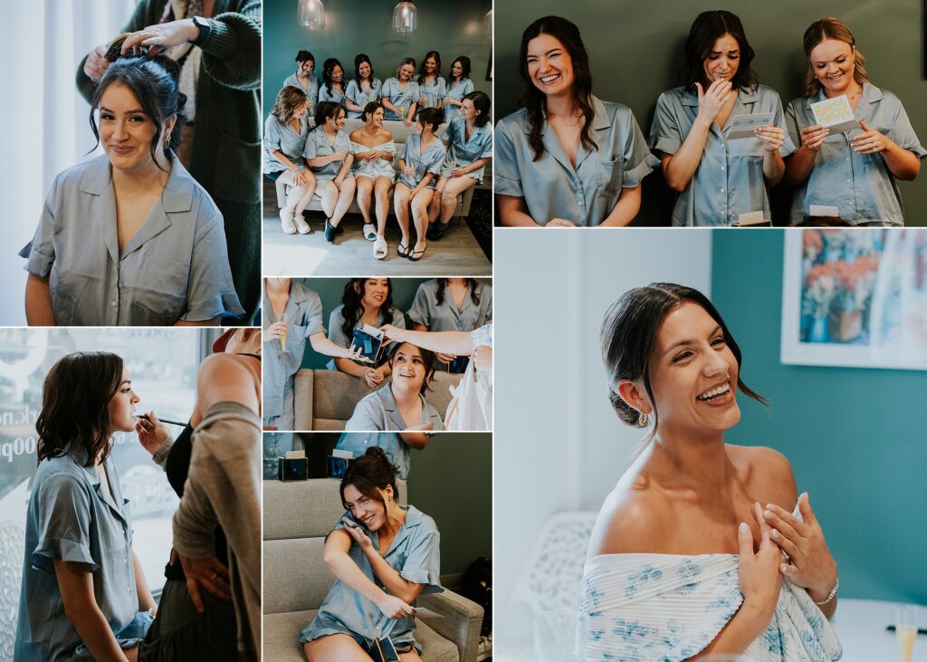 Bridesmaids getting ready at the Hilton Garden Inn, Milwaukee, WI. Bridesmaids receiving a gift from the bride with handwritten notes.