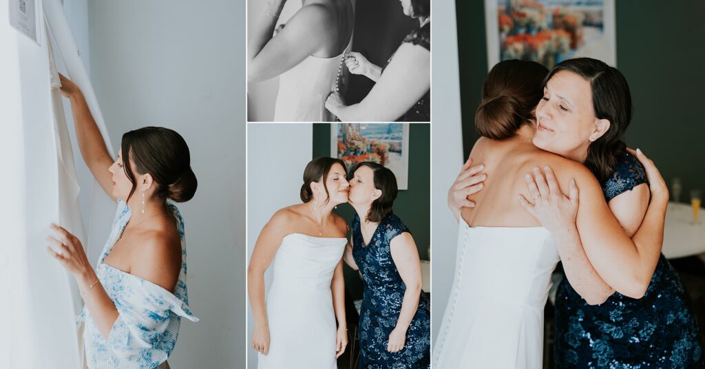 Bride getting in dress with the help of her mother on her wedding day.