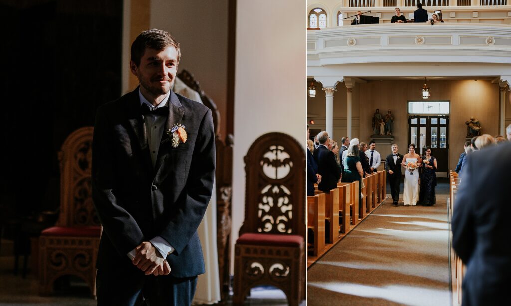 The groom looking on as his bride is walked down the aisle by her mother and father