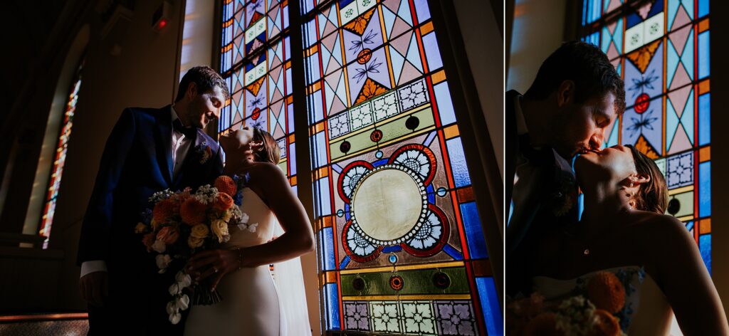a couple with beautiful stained glass at St. Hedwig's Church Milwaukee WI