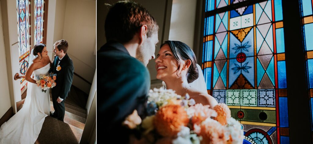 Portraits of a couple in front of stained glass at Saint Hedwig's Church in Milwaukee, WI