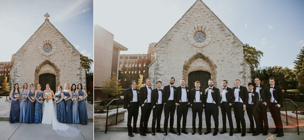A group of bridesmaids standing in front of the St. Joan of Arc chapel in Milwaukee and A group of groomsmen standing in front of the St. Joan of Arc chapel in Milwaukee