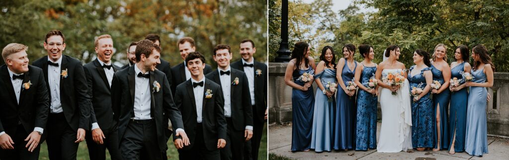 Groomsmen and Bridesmaids laugh while posing for portraits in Milwaukee's Lake Park