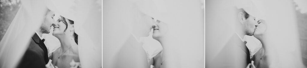 Black and white photos of a bride and groom getting cozy under the bride's veil