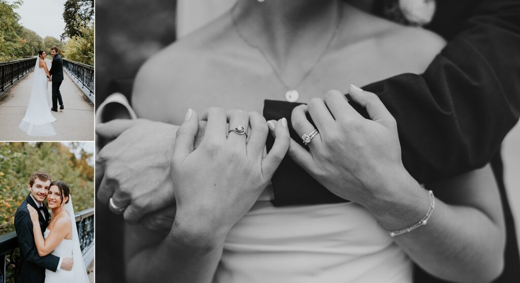 Bride and groom portraits in Lake Park in Milwaukee Wisconsin. A black and white close up of the bride's hands displaying her rings.
