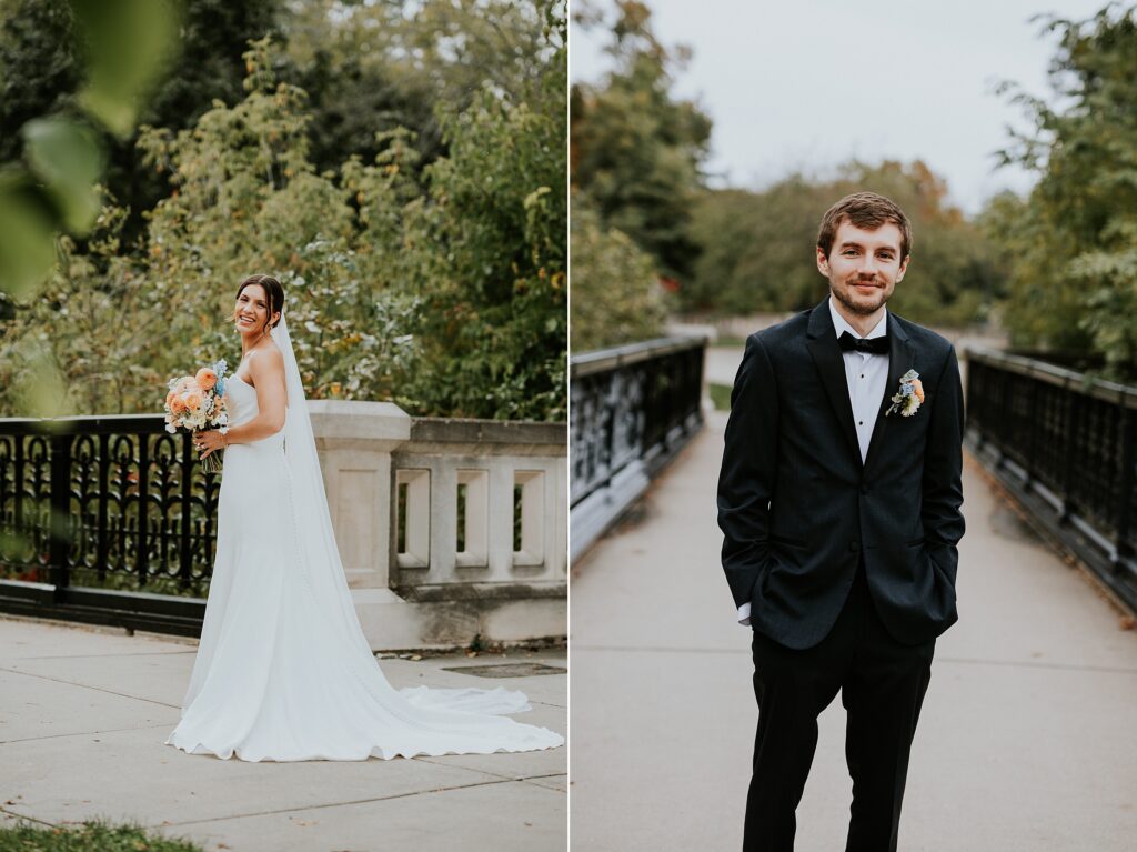 A portrait of a smiling bride, and a portrait of a handsome groom.
