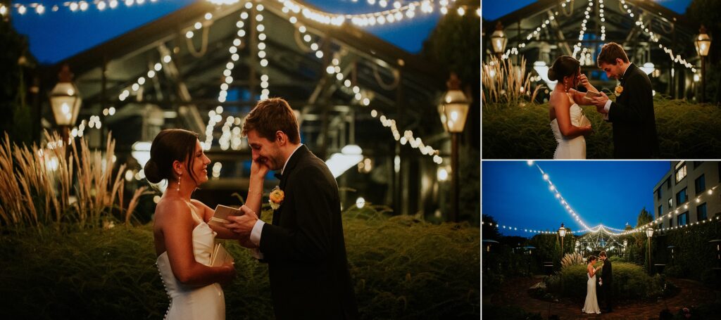 the bride and groom wiping tears during private vows