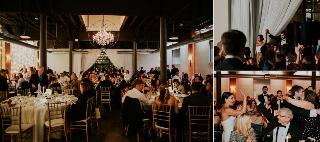The bride and groom entering their wedding reception