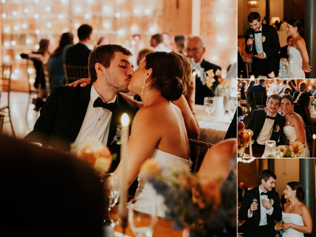 the bride and groom share a kiss, and give a speech at their reception