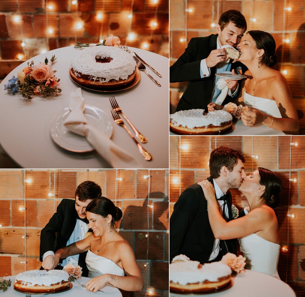 Giant donut wedding cake being cut by the bride and groom