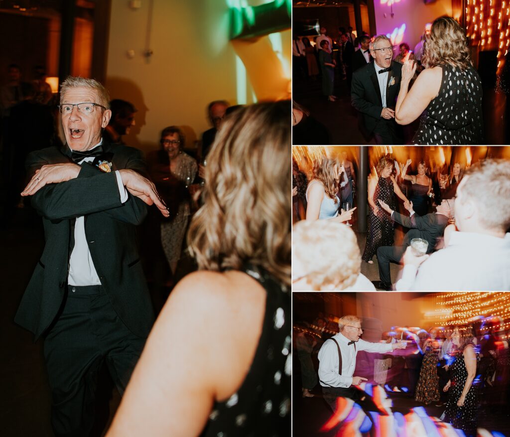 The father of the groom dancing and serenading the mother of the groom on the dance floor 