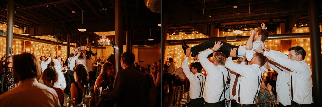 the groom being lifted up by the groomsmen