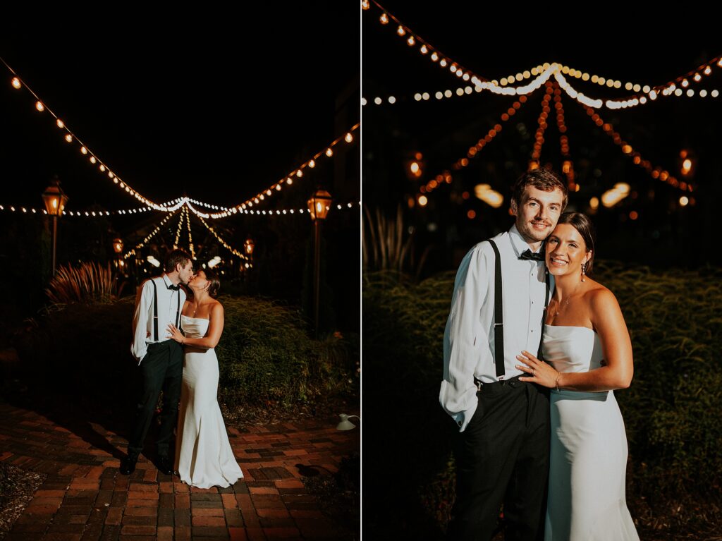The bride and groom late night portrait under string lights at the Atrium 